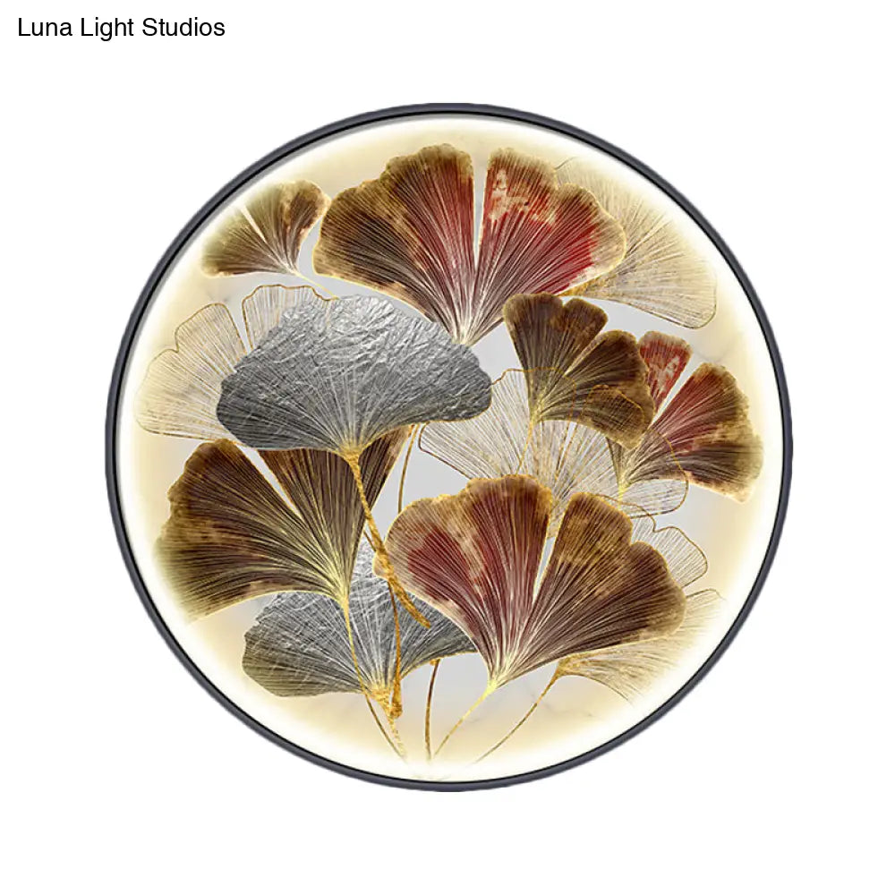 Asia Led Ginkgo Leaf Flush Wall Sconce In Gold With Metallic Shade