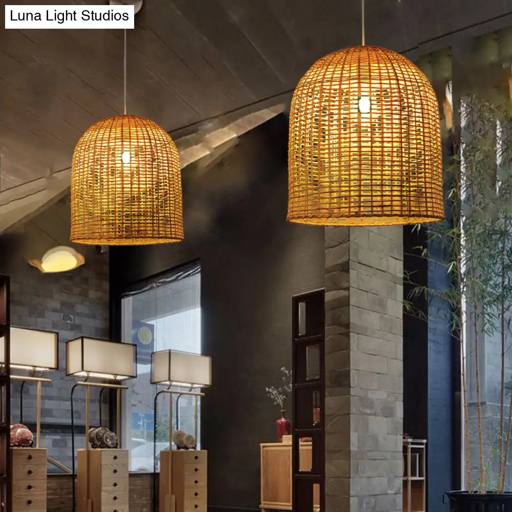 Asia Pendant Lamp: Beige Cloche Shaped Light With Bamboo Shade