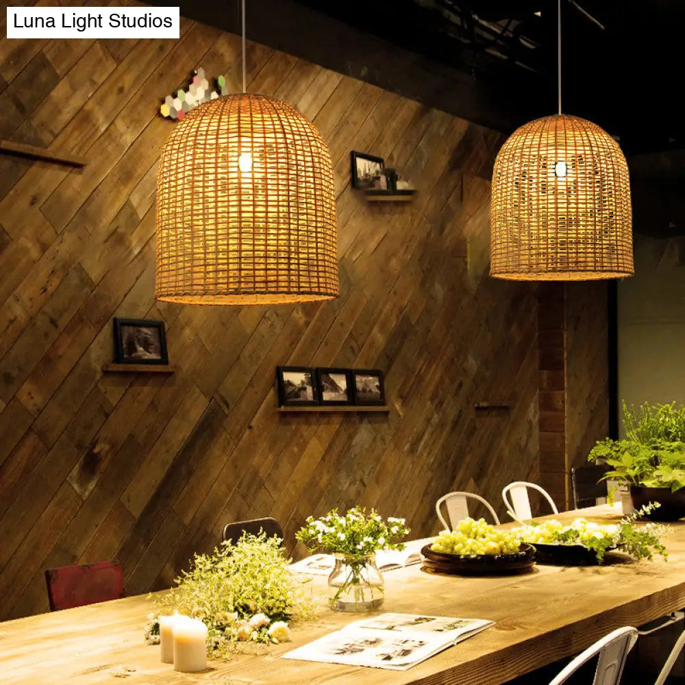 Asia Pendant Lamp: Beige Cloche Shaped Light With Bamboo Shade