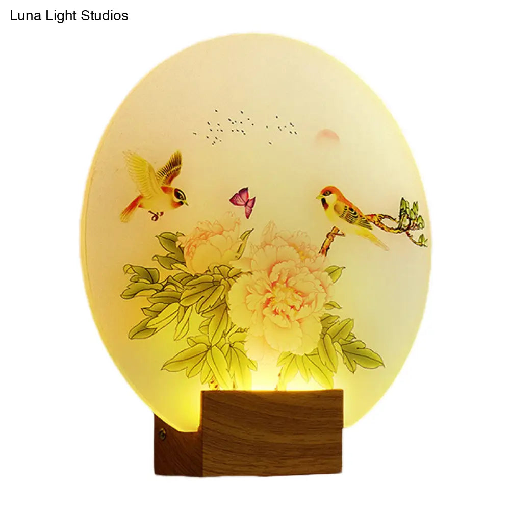 Asia Style Led Acrylic Wall Mounted Light For Bedroom- Brown Circular Blossom And Bird Mural