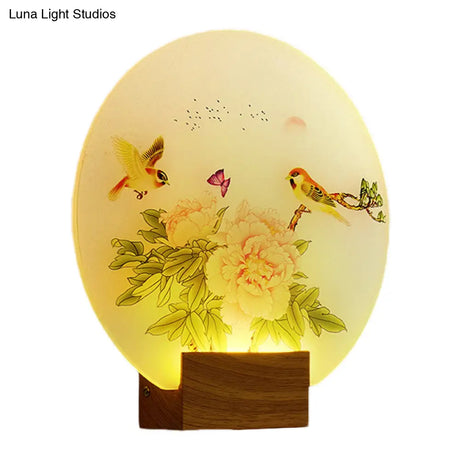 Asia Style Led Acrylic Wall Mounted Light For Bedroom- Brown Circular Blossom And Bird Mural