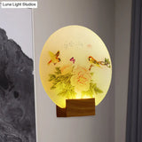Asia Style Led Acrylic Wall Mounted Light For Bedroom- Brown Circular Blossom And Bird Mural