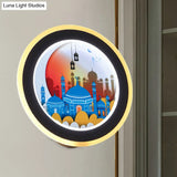 Asia Style Led Acrylic Wall Mural Light With Deer/Castle Pattern - Pink/Blue Circular Lighting Idea