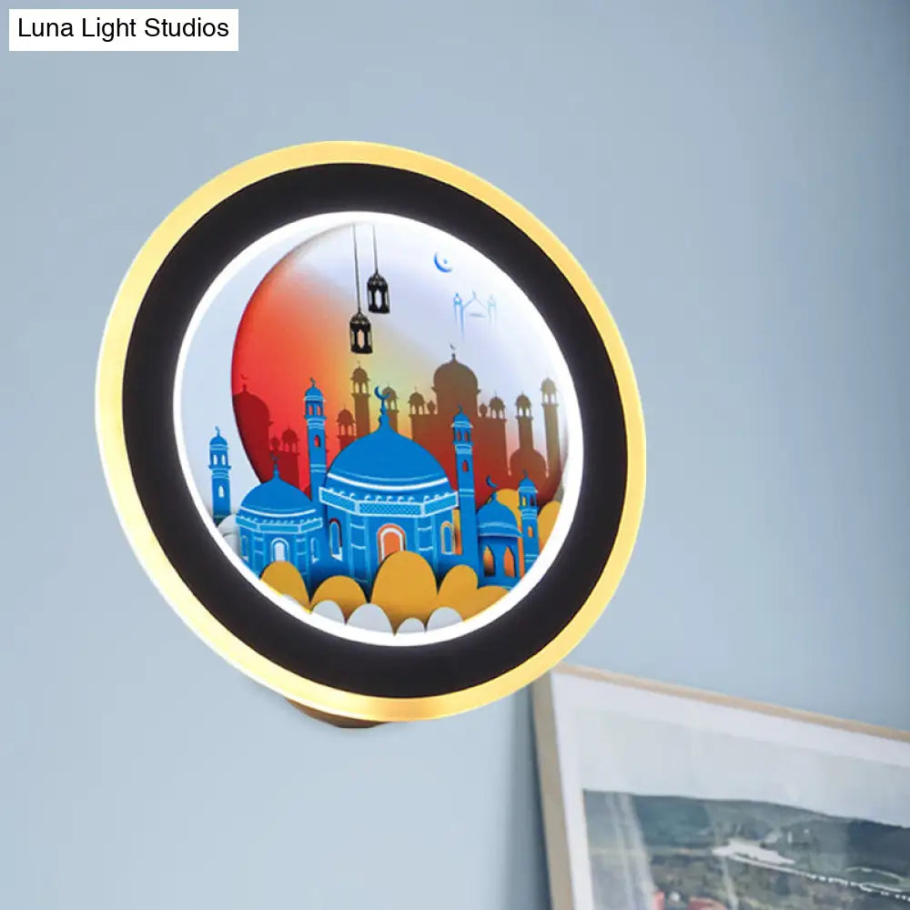 Asia Style Led Acrylic Wall Mural Light With Deer/Castle Pattern - Pink/Blue Circular Lighting Idea
