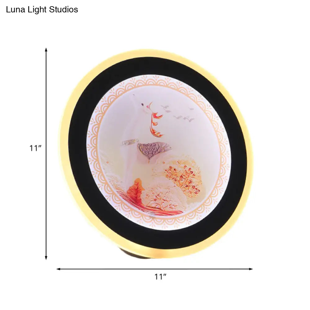 Asia Style Led Acrylic Wall Mural Light With Deer/Castle Pattern - Pink/Blue Circular Lighting Idea
