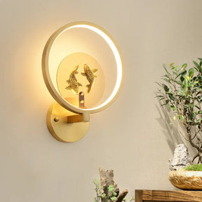 Asia Style Led Brass Double Fish Mural Lamp: Metallic Wall Mount Lighting