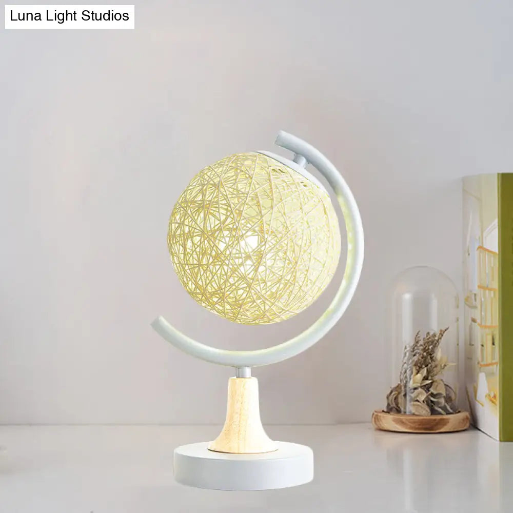 Asia Style Metallic Globe Nightstand Light - White/Grey/Green With Rattan Shade