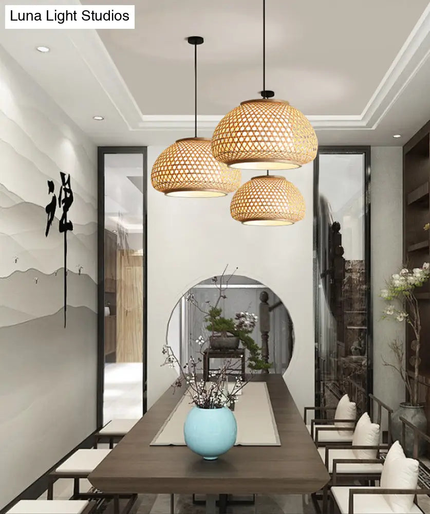 Asia Style Rattan Shade Pendant Lamp - 1 Light Ceiling Lantern In Beige