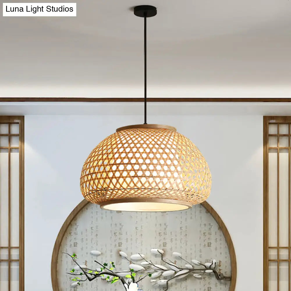 Asia Style Rattan Shade Pendant Lamp - 1 Light Ceiling Lantern In Beige