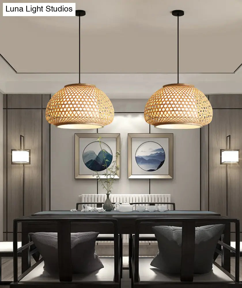 Asia Style Rattan Shade Pendant Lamp - 1 Light Ceiling Lantern In Beige