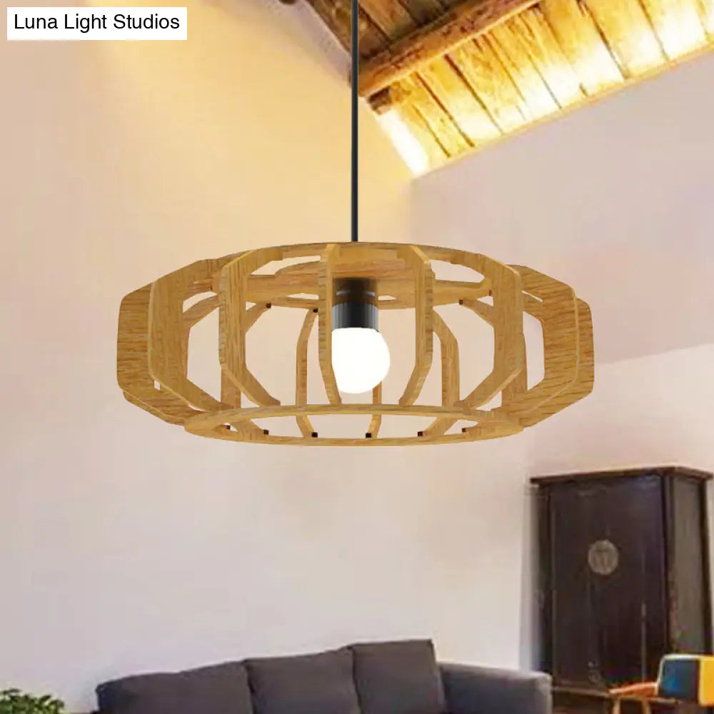 Asia-Style Wooden Lantern Ceiling Light With Suspension Lamp Design - 1 Bulb For Living Room