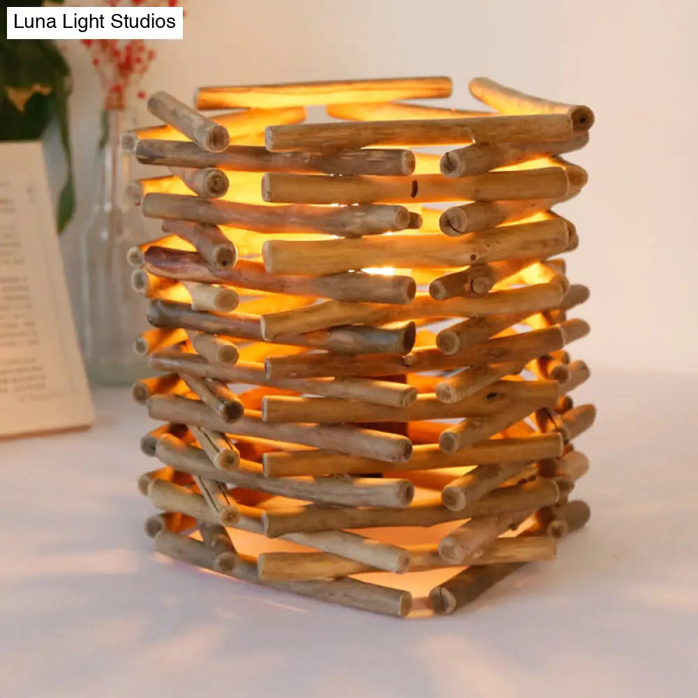 Asia Wood Desk Lamp - Cylindrical Small Brown Task Lighting For Bedroom 8/10 Wide