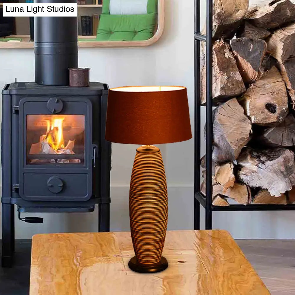 Asia Wood Small Desk Lamp With Oval Task Lighting Coffee Color And Fabric Drum Shade