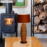 Asia Wood Small Desk Lamp With Oval Task Lighting Coffee Color And Fabric Drum Shade