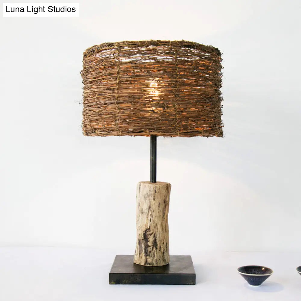 Asian Bamboo Cylinder Desk Lamp - Brown 1 Head Task Lighting For Living Room