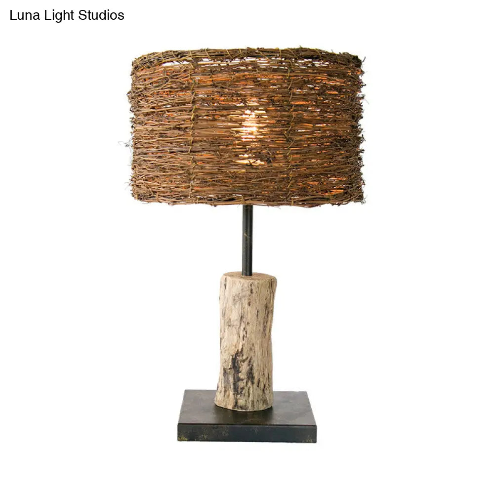 Asian Bamboo Cylinder Desk Lamp - Brown 1 Head Task Lighting For Living Room