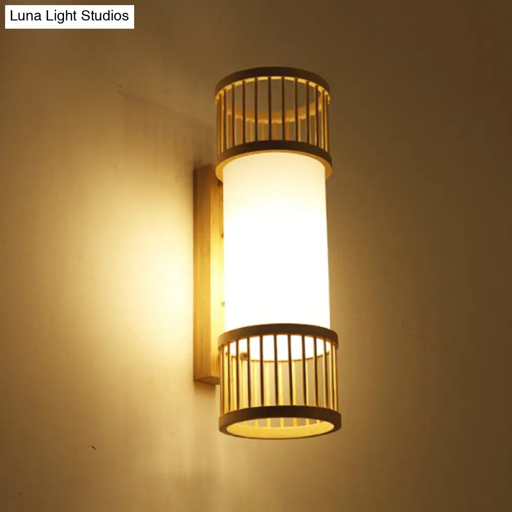Asian Bamboo Cylinder Shade Wall Sconce Light In Beige - Stylish 1-Head Lamp For Stairway