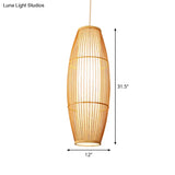 Asian Bamboo Hanging Pendant Light - Elliptical Design Beige 1 Bulb Perfect For Living Room