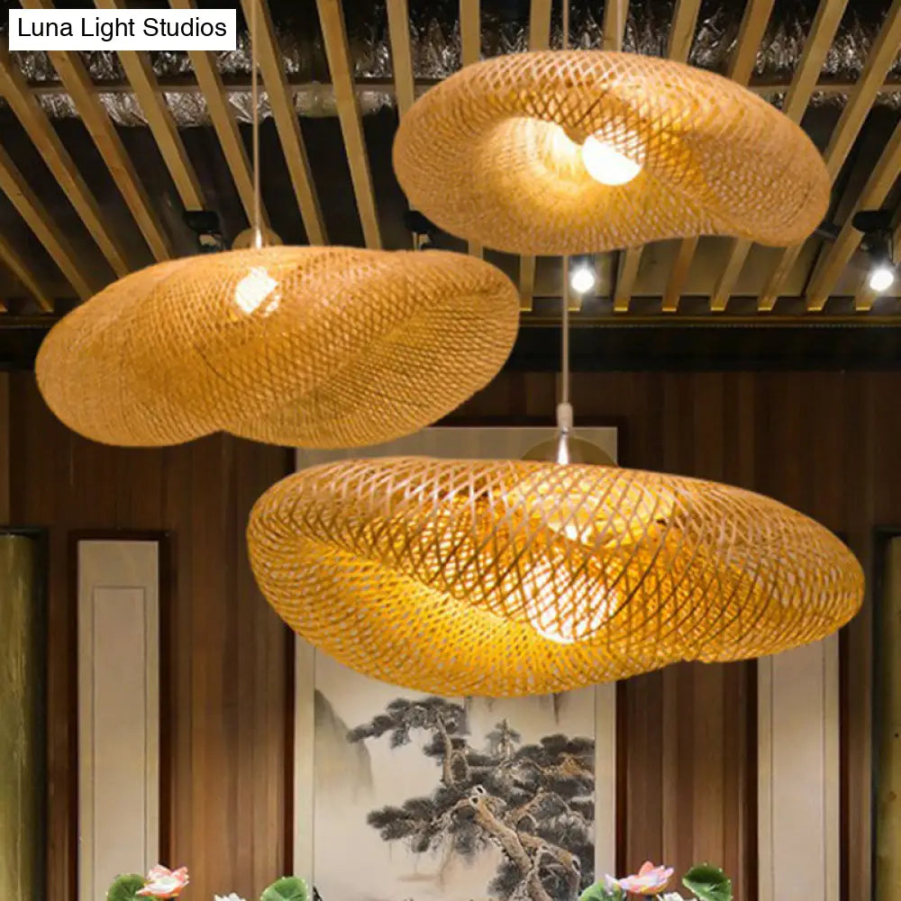 Asian Bamboo Pendant Light Fixture: Creative 1-Light Beige Suspension For Tea Room