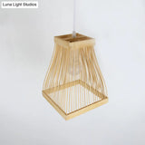 Asian Bamboo Strip Led Pendant Light Kit With Wood Trapezoid Frame Ceiling Lamp Fixture