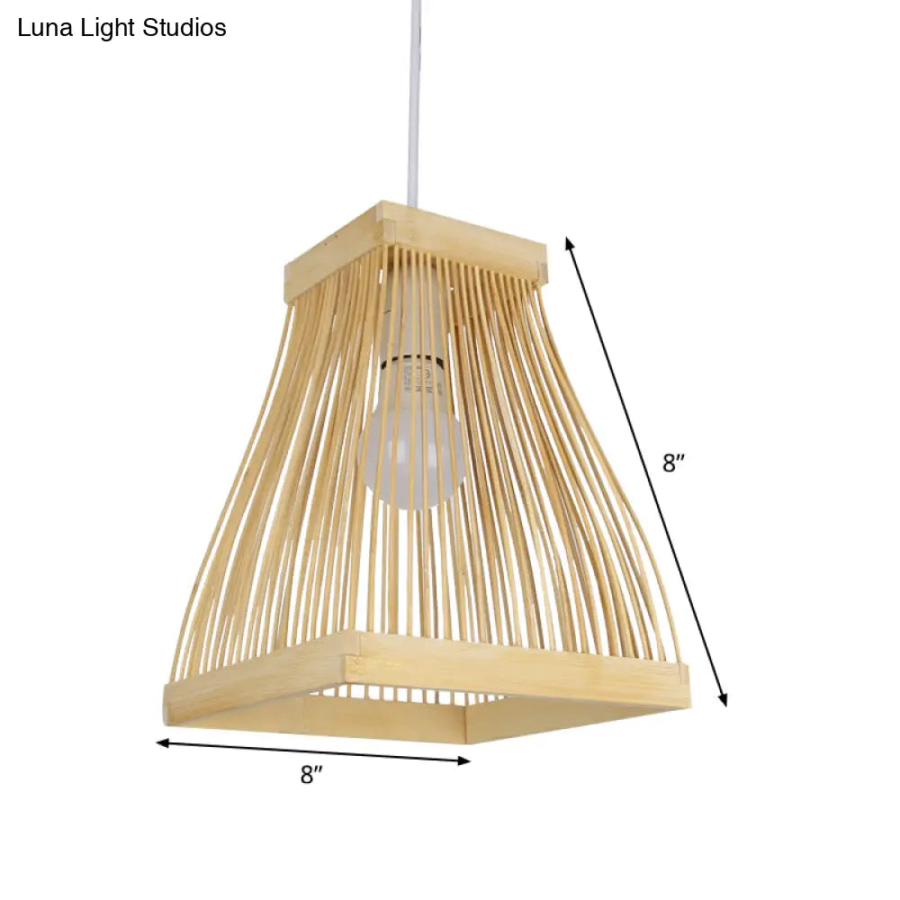 Asian Bamboo Strip Led Pendant Light Kit With Wood Trapezoid Frame Ceiling Lamp Fixture