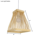 Asian Bamboo Strip Led Pendant Light Kit With Wood Trapezoid Frame Ceiling Lamp Fixture