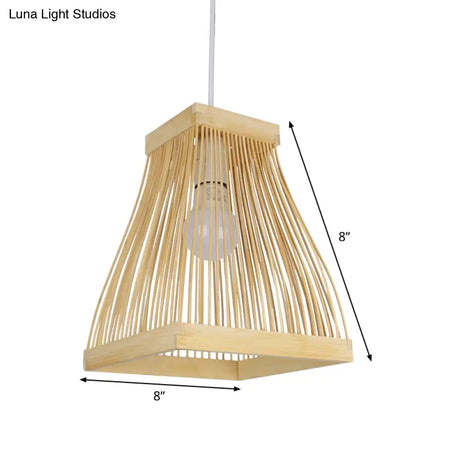 Asian Bamboo Strip Led Pendant Light Kit With Wood Trapezoid Frame Ceiling Lamp Fixture