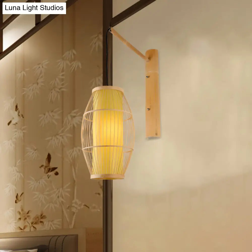 Asian Bamboo Wall Sconce In Beige - Oblong Hanging Bedroom Light Fixture With 1 Bulb