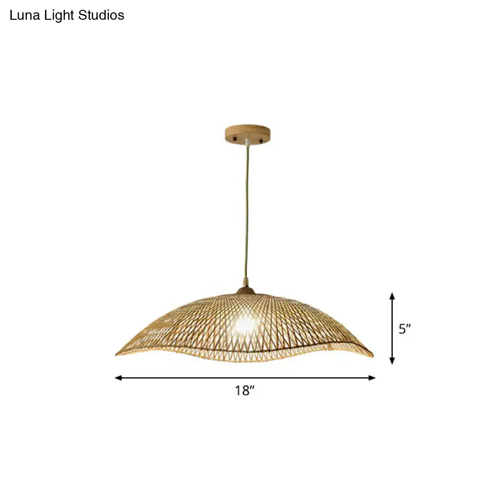 Asian Bamboo Wave-Edge Suspension Pendant Light With 1-Bulb In Beige Ideal For Bedroom Lighting
