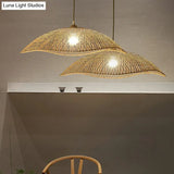 Asian Bamboo Wave-Edge Suspension Pendant Light With 1-Bulb In Beige Ideal For Bedroom Lighting