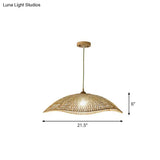 Asian Bamboo Wave-Edge Suspension Pendant Light With 1-Bulb In Beige Ideal For Bedroom Lighting