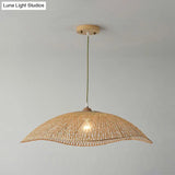 Asian Bamboo Wave-Edge Suspension Pendant Light With 1-Bulb In Beige Ideal For Bedroom Lighting