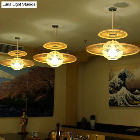Asian Beige Bamboo Pendant Light: 1-Head Restaurant Hanging Lamp With Round Shade
