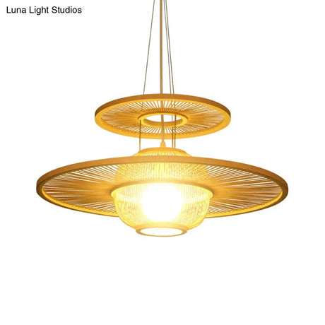 Asian Beige Bamboo Pendant Light: 1-Head Restaurant Hanging Lamp With Round Shade