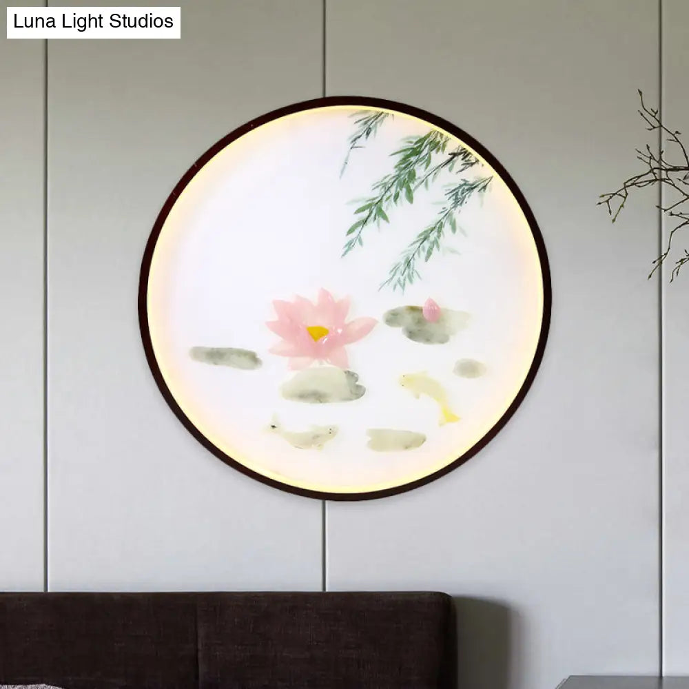 Asian Inspired Pink Lotus Mural Led Flush Mount Wall Sconce: Acrylic Integrated Lighting Solution