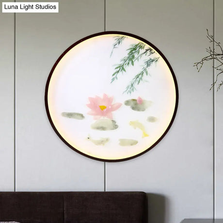 Asian Inspired Pink Lotus Mural Led Flush Mount Wall Sconce: Acrylic Integrated Lighting Solution