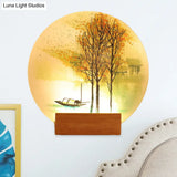 Asian Led Wall Light Sconce With Wooden Arm - Goldfish/Boat Bedside Mural Design
