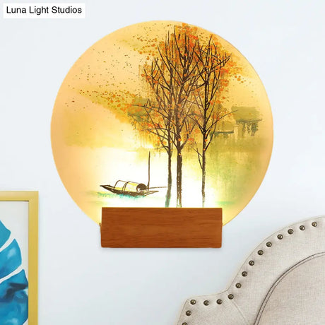 Asian Led Wall Light Sconce With Wooden Arm - Goldfish/Boat Bedside Mural Design