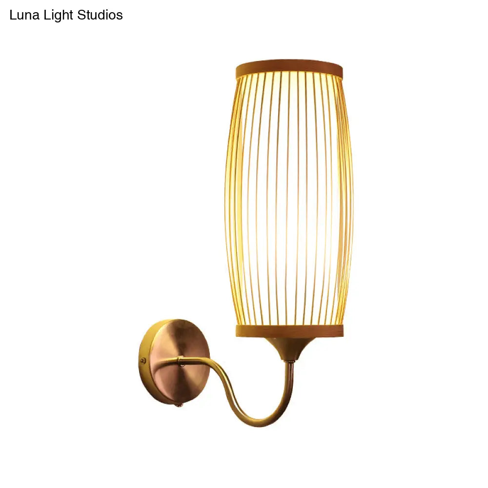 Asian Style Bamboo Barrel Sconce Wall Lamp With Parchment Shade - Single Head Beige Finish