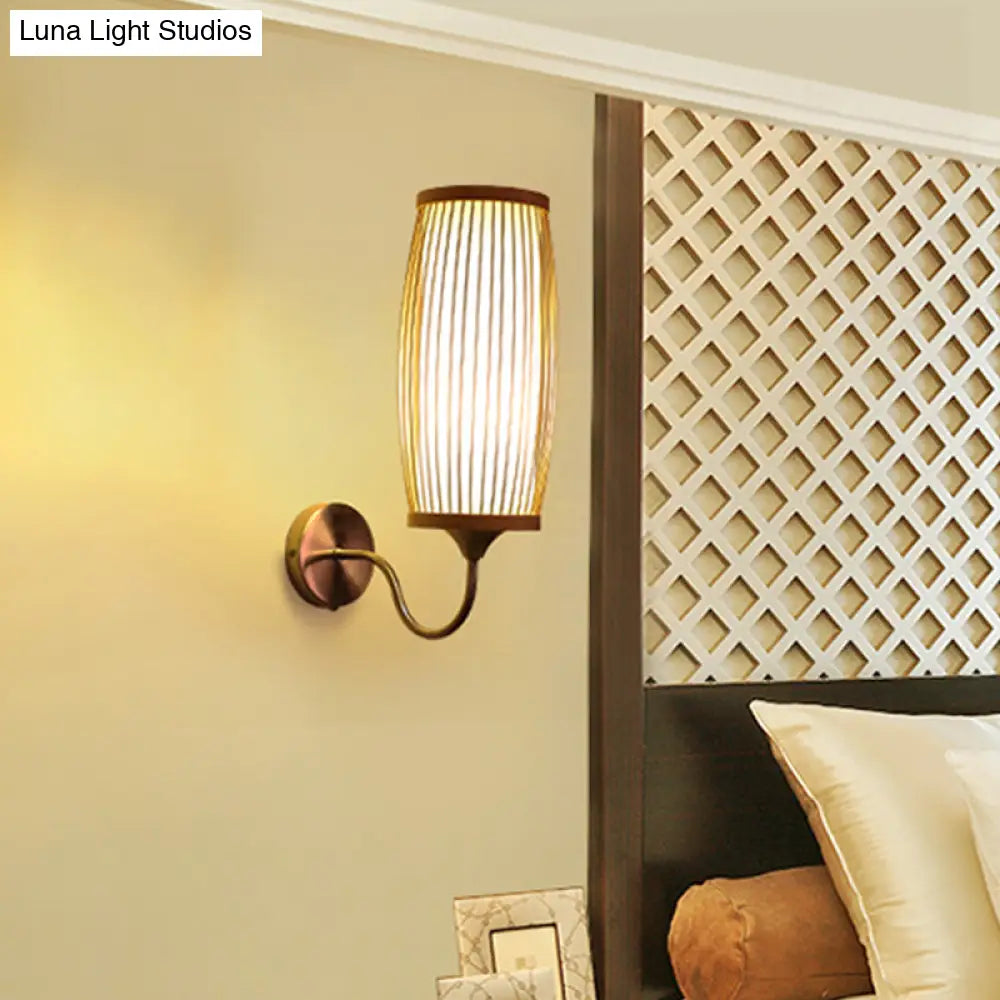 Asian Style Bamboo Barrel Sconce Wall Lamp With Parchment Shade - Single Head Beige Finish