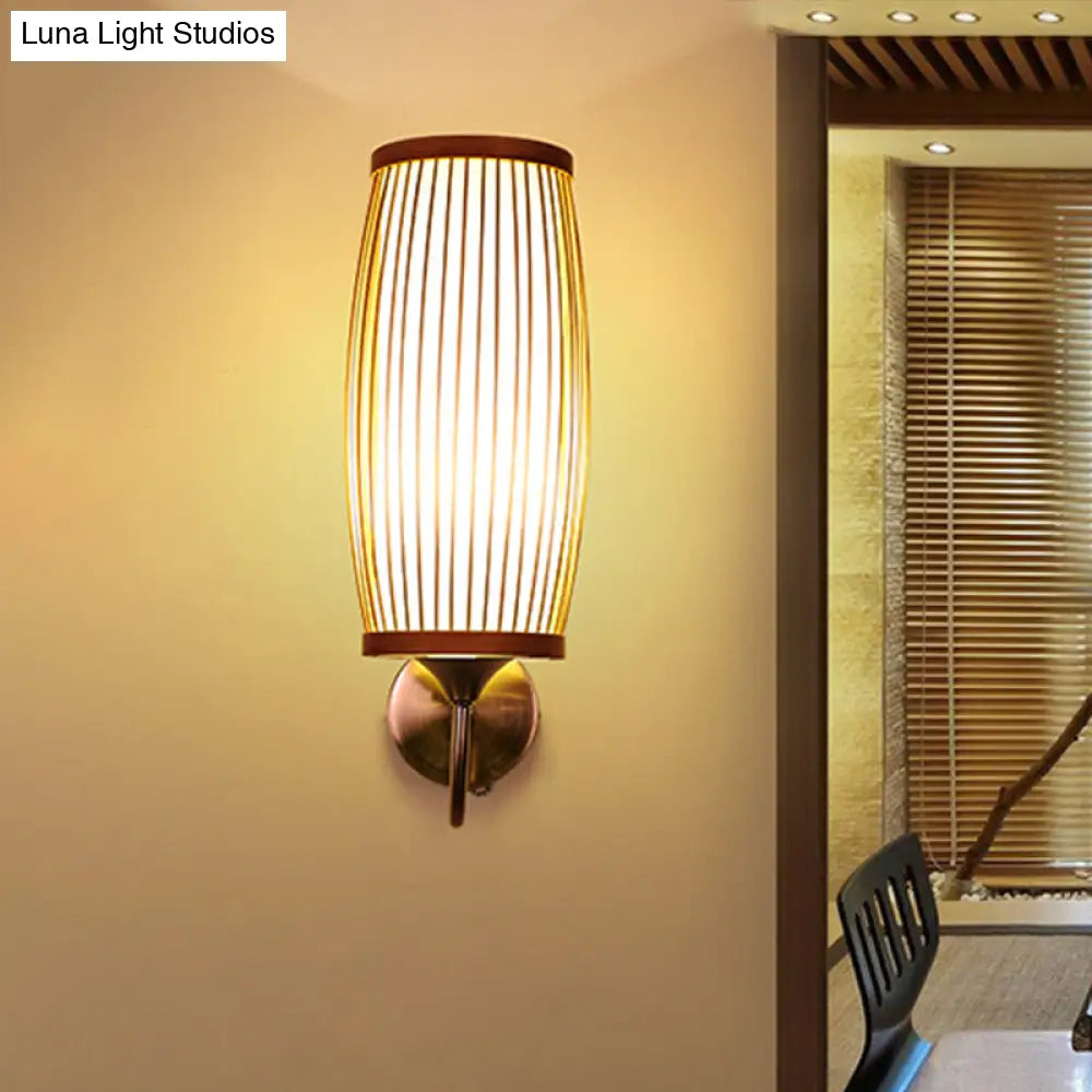 Asian Style Bamboo Barrel Sconce Wall Lamp With Parchment Shade - Single Head Beige Finish