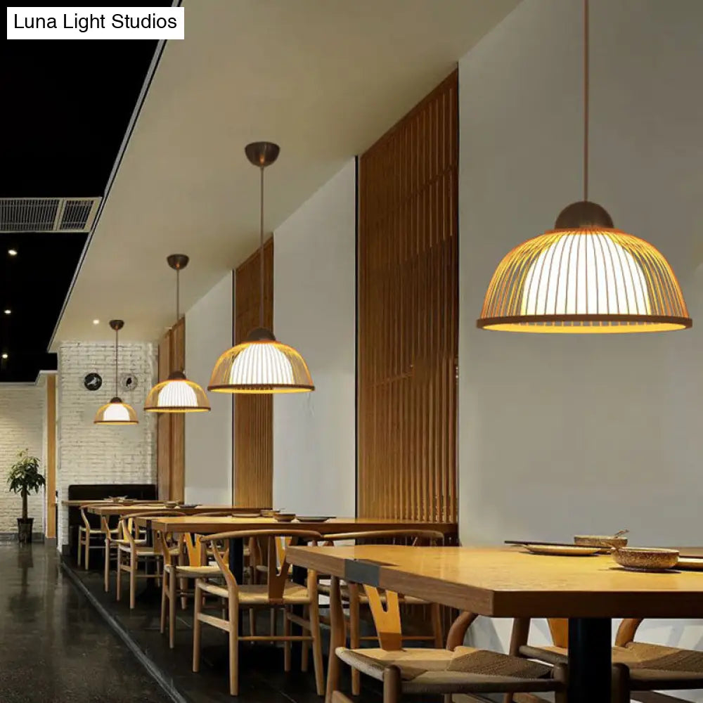 Asian Style Bamboo Ceiling Light: Hemispherical 1 Bulb Wood Hanging Lamp For Restaurants