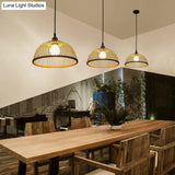 Asian Style Bamboo Ceiling Light: Hemispherical 1 Bulb Wood Hanging Lamp For Restaurants