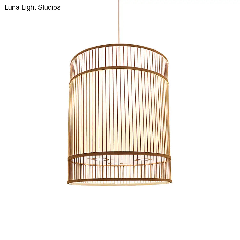 Asian Style Bamboo Hanging Light - Wood Cylinder Ceiling Pendant For Restaurants