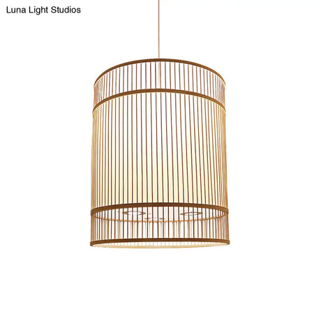 Asian Style Bamboo Hanging Light - Wood Cylinder Ceiling Pendant For Restaurants