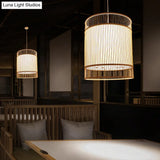 Asian Style Bamboo Hanging Light - Wood Cylinder Ceiling Pendant For Restaurants