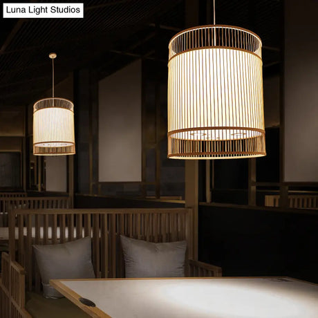 Asian Style Bamboo Hanging Light - Wood Cylinder Ceiling Pendant For Restaurants