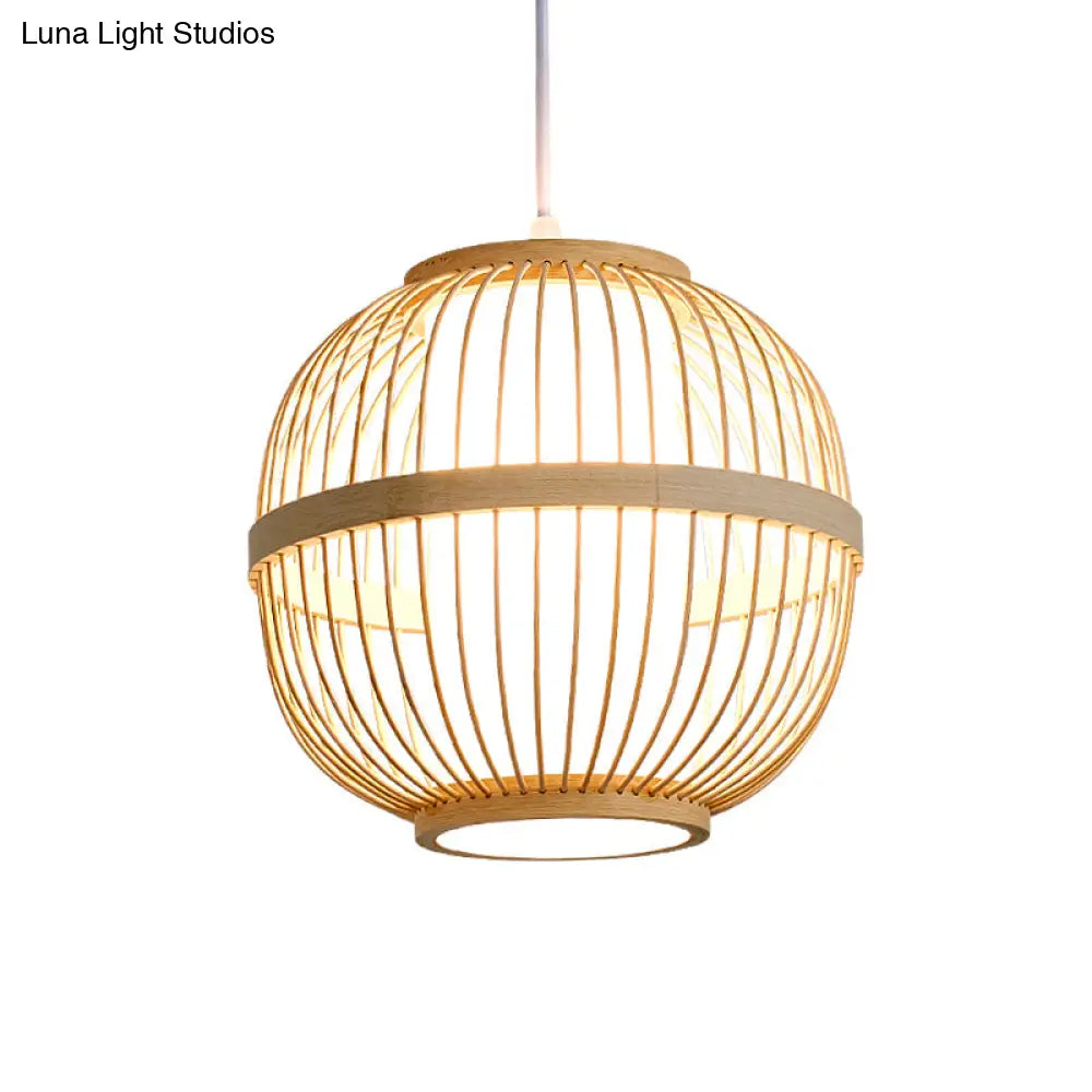 Asian Style Bamboo Lantern Tea Room Ceiling Light Fixture - Wood Hanging With 1-Bulb