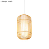 Asian Style Bamboo Pendant With Diamond Drum And Barrel Drops - 1-Light Hanging Light Kit For