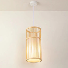 Asian Style Bamboo Pendant With Diamond Drum And Barrel Drops - 1-Light Hanging Light Kit For